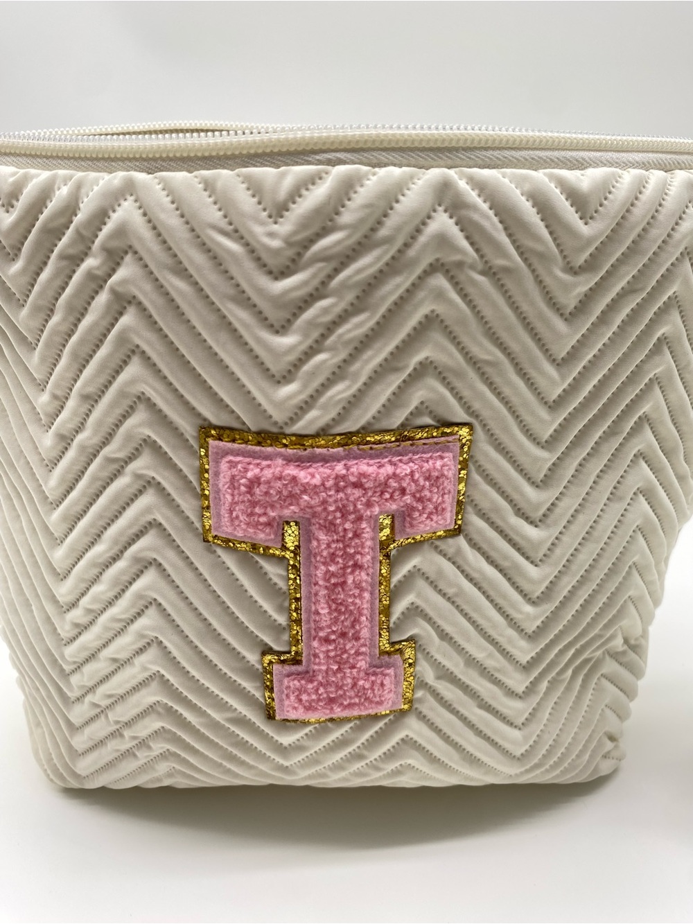 Initial T Quilted Makeup Bag White Pink Monogram Cosmetic Pouch